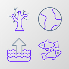 Set line Dead fish, Rise in water level, Earth globe and Withered tree icon. Vector