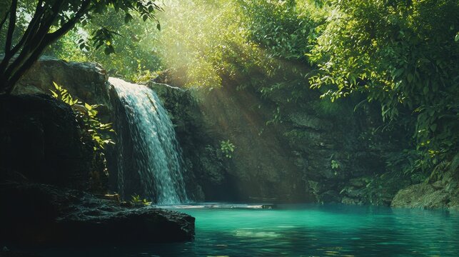 Waterfall in forest. Nature landscape of water cascade in jungle with clear turquoise water gently cascading into pool below and sunny rays making their way through dense foliage of trees