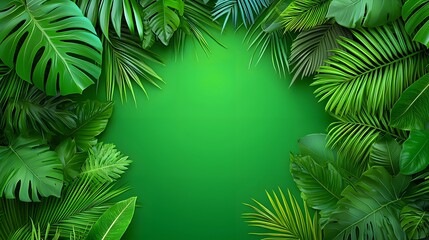 Fototapeta premium Lush Green Tropical Leaves Frame on Vibrant Green Background