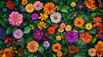 Obraz premium Vibrant Summer Floral Digital Painting: A Lush Garden of Zinnias and Other Blooms AI Generated