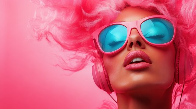 A charming woman with vibrant pink hair and oversized sunglasses exudes confidence and joy, embodying a playful spirit and bold artistic expression in this fun portrait.