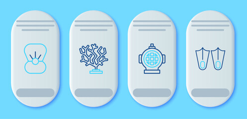 Set line Coral, Aqualung, Shell with pearl and Rubber flippers icon. Vector © Oksana