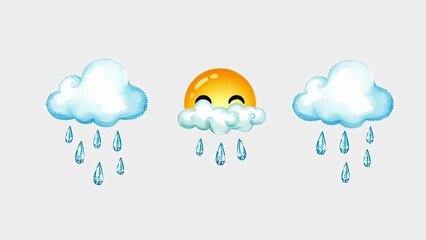 Cute Watercolor Clouds with Rain and Smiling Sun Emoji Illustration