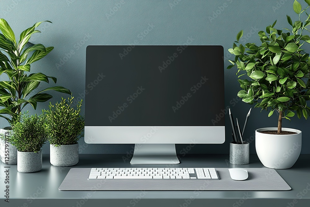 Aufkleber workspace serenity: a sleek computer setup surrounded by greenery ideal for focus and inspiration in