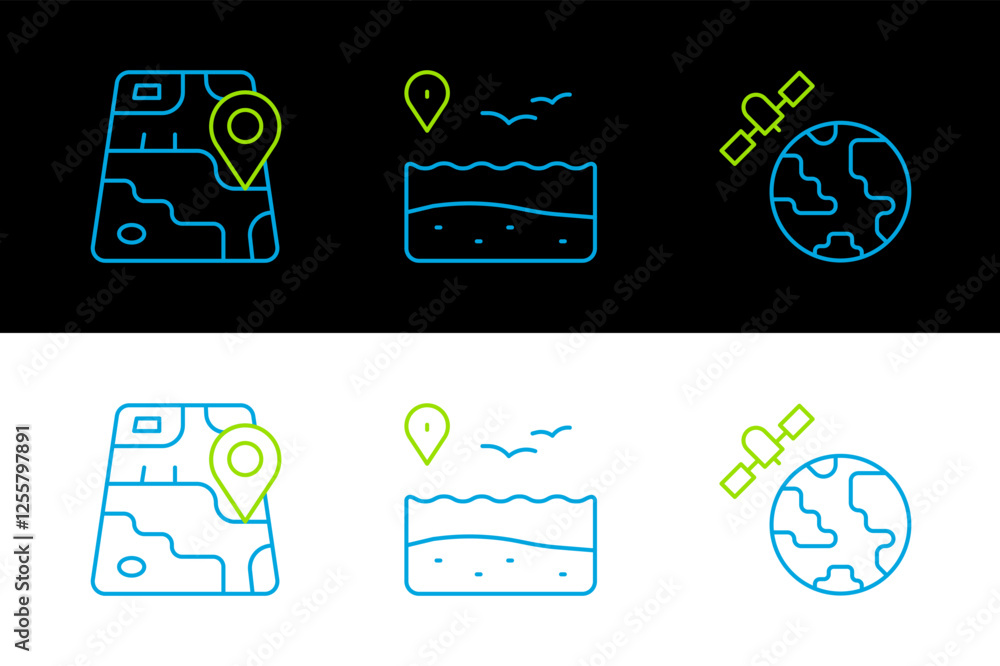 Poster set line satellites orbiting the planet, city map navigation and location with beach icon. vector