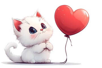Cute white kitten with a red heart balloon