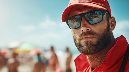 A serious lifeguard wearing a red uniform and sunglasses stands at the beach, ready for action as he observes the crowd filled with sunbathers and umbrellas.