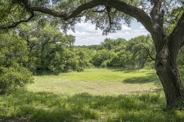 Peaceful Green Clearing Surrounded by Lush Trees and Foliage