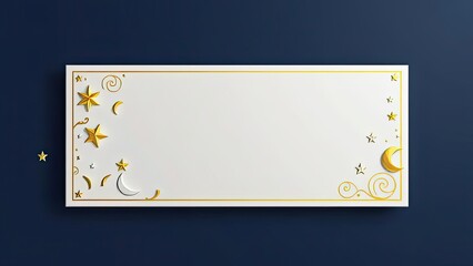 Elegant White Banner with Gold Stars Moons and Swirls on Dark Blue Background
