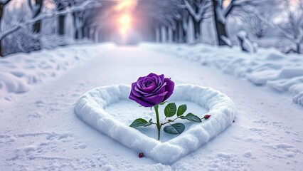 Romantic Purple Rose in Heart Shaped Snowdrift Winter Wonderland Scene