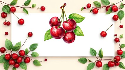 Fresh Red Cherries with Green Leaves on White Background Summer Fruit Food Photography