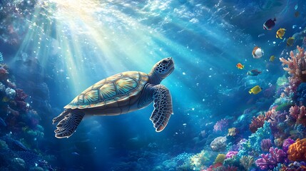 Obraz premium Sea turtle swims gracefully through an underwater coral reef