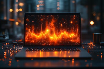 Glowing waveform on laptop: visual representation of data analysis sound or signal processing in an urban tech-focused environment