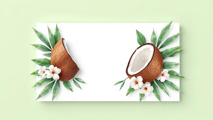 Tropical Coconuts Halved with White Flowers and Palm Leaves on White Background