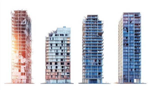 Four stages of a high-rise building construction, from destroyed to finished, isolated