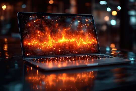 Laptop screen glows with an animated equalizer visualization against a bokeh background symbolizing technology and digital audio