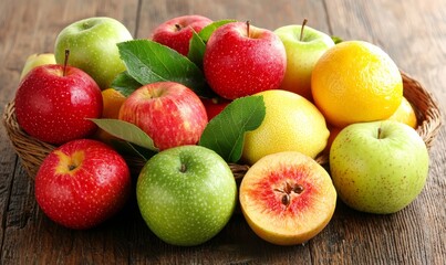 Fresh apples, lemons, and peach in basket on wooden table