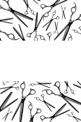 Creative composition with white  copy space made with black thinning scissors isolated on white.