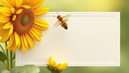 Vibrant Sunflower with Honeybee near Blank White Frame Nature Background
