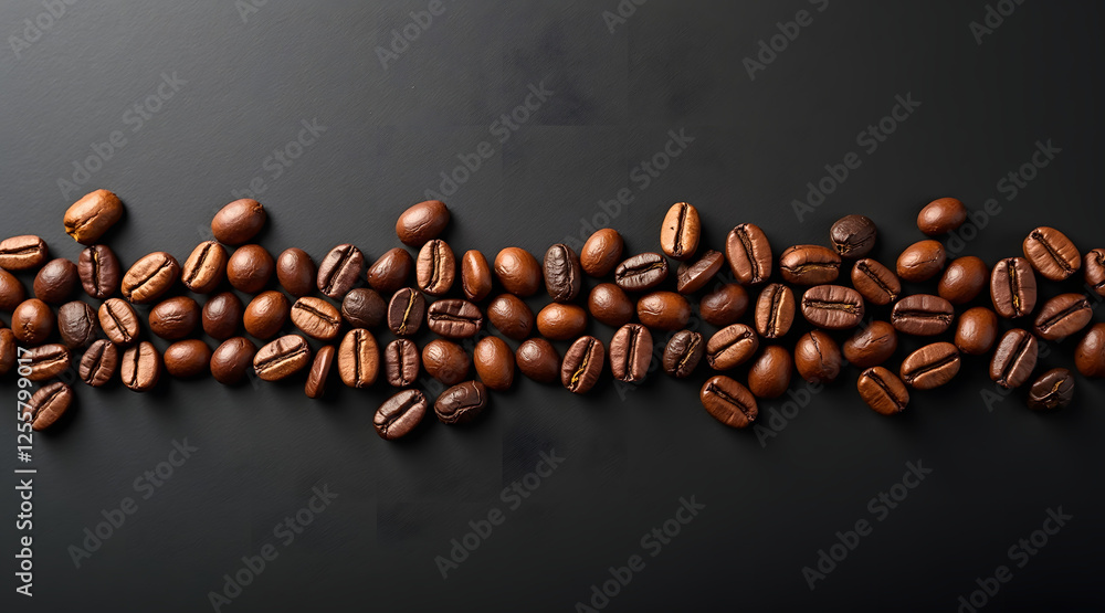 Poster an abstract composition of coffee beans forming a precise line on a matte black background showcasin