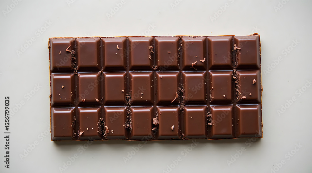 Poster a top-down view of a dark chocolate bar with perfect squares on a neutral backdrop showcasing rich c
