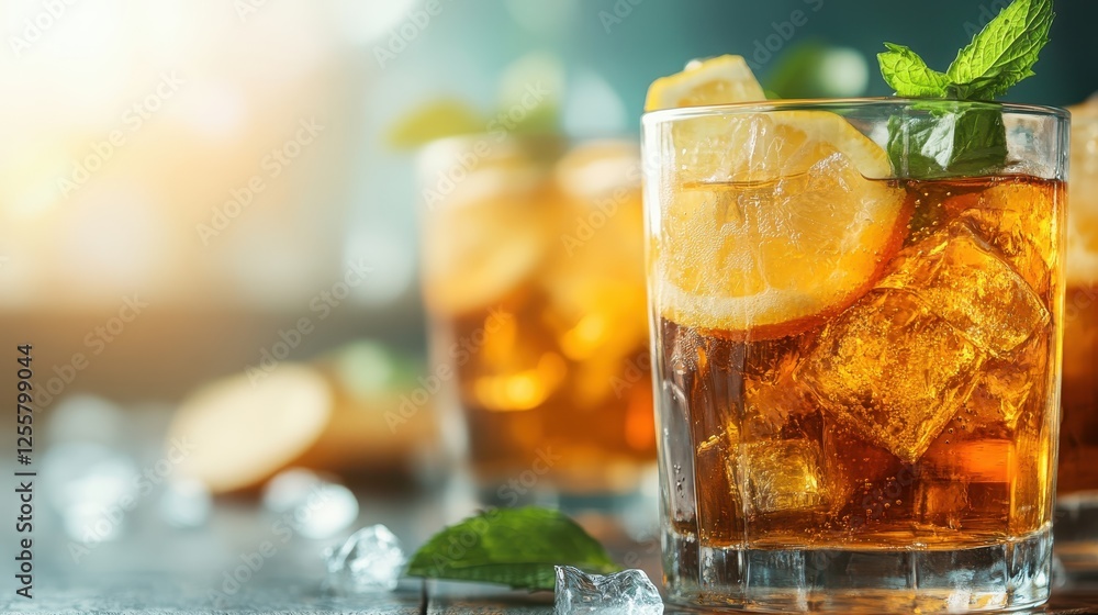 Poster a delightful display of chilled lemon drink with ice cubes and mint leaves, perfectly positioned to 
