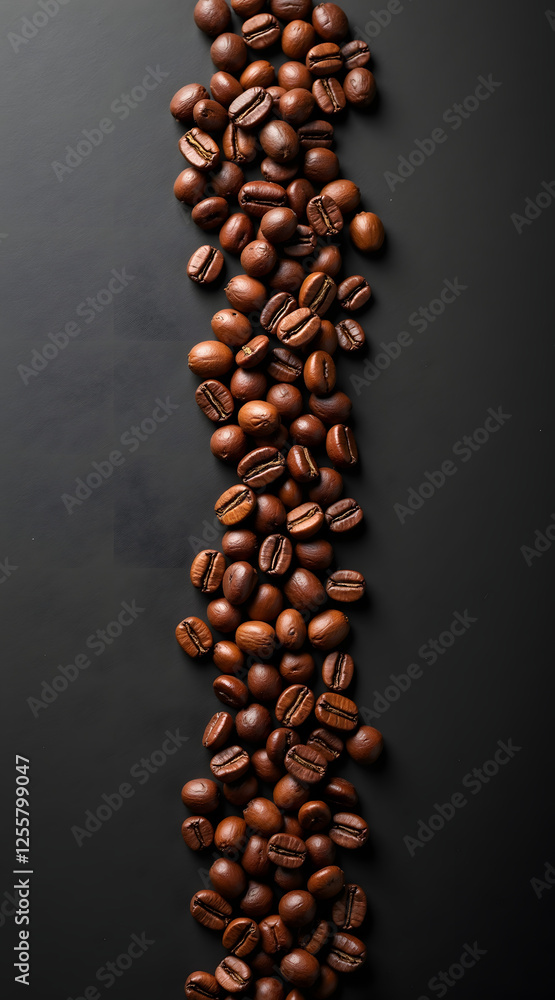 Poster an abstract composition of coffee beans forming a precise line on a matte black background creates a