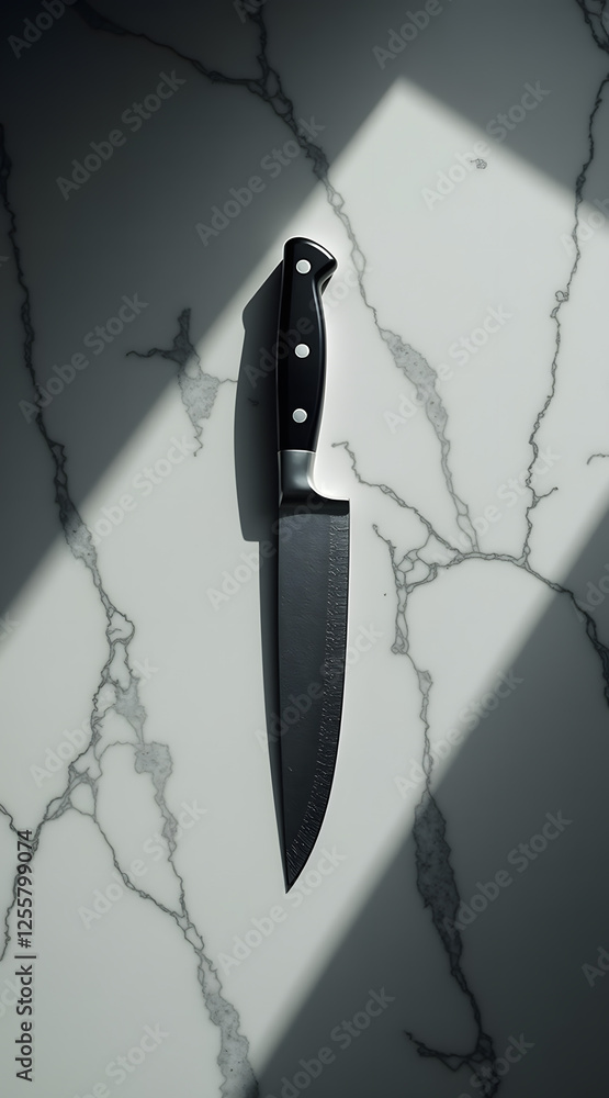 Poster a high contrast composition of a sharp knife resting on a marble countertop with dramatic shadows cr