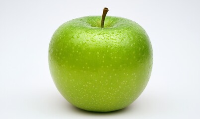 Fresh green apple with water drops on white background, ideal for healthy eating promotions