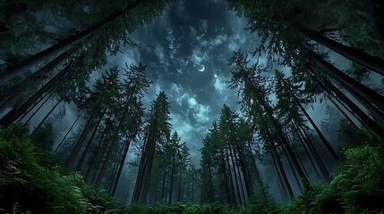 Naklejka premium Moonlit Forest Path: Nighttime View of Tall Pines Under a Cloudy Sky AI Generated