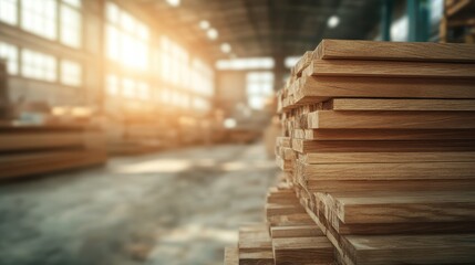 Obraz premium A rustic image showcasing stacks of wooden planks bathed in soft sunlight, symbolizing craftsmanship and the beauty of natural materials in an industrial setting.