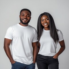 Fototapeta premium Diverse Young Couple in White T-Shirts Smiling Against Light Background