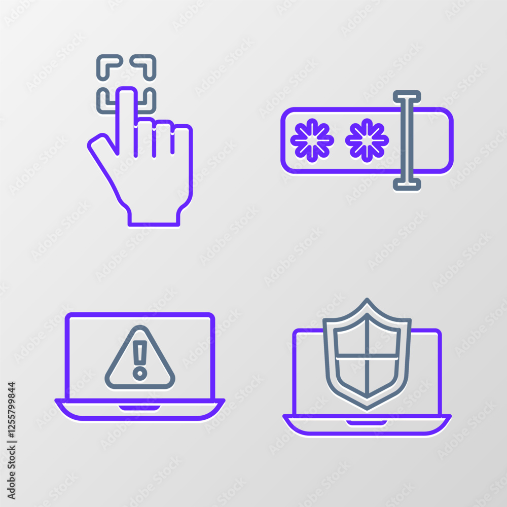 Poster set line laptop protected with shield, exclamation mark, password protection and fingerprint icon. v