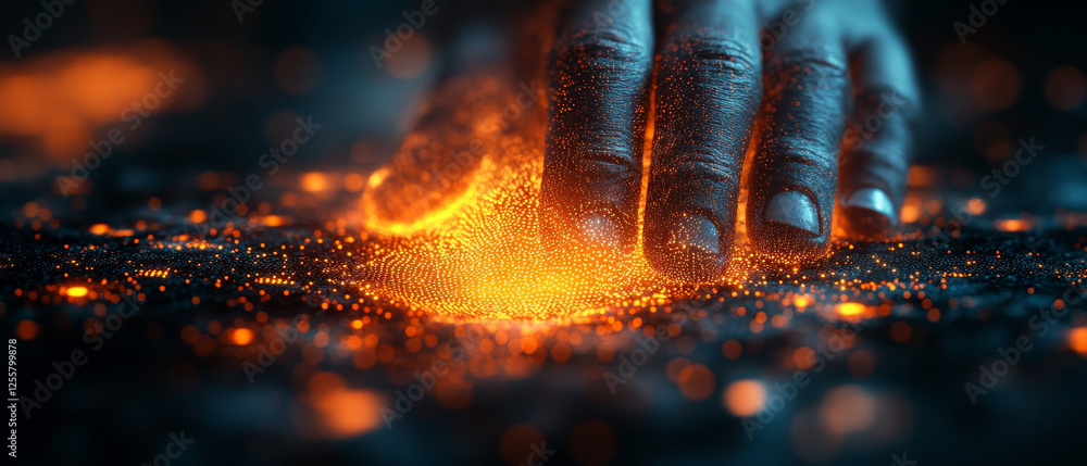 Poster hand touching glowing particles, creating digital effect