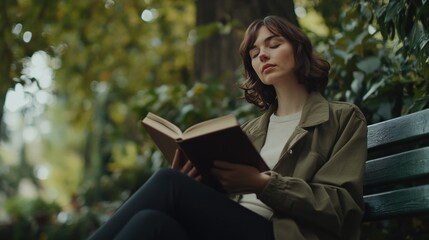 Obraz premium Young Woman Enjoying a Book in the Park on a Peaceful Autumn Day