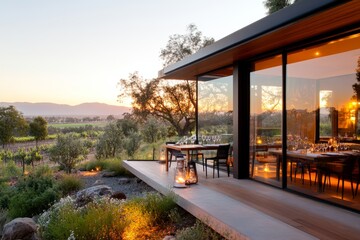A family-run homestay in a vineyard, with guests enjoying wine tasting at sunset