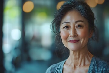 Obraz premium Athletic Asian woman smiling after workout in urban gym environment. Generative AI.