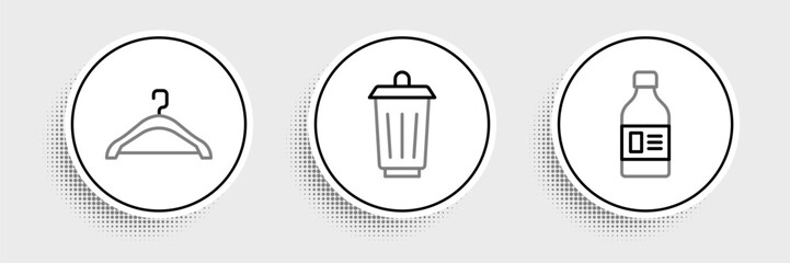 Set line Bottle for cleaning agent, Hanger wardrobe and Trash can icon. Vector