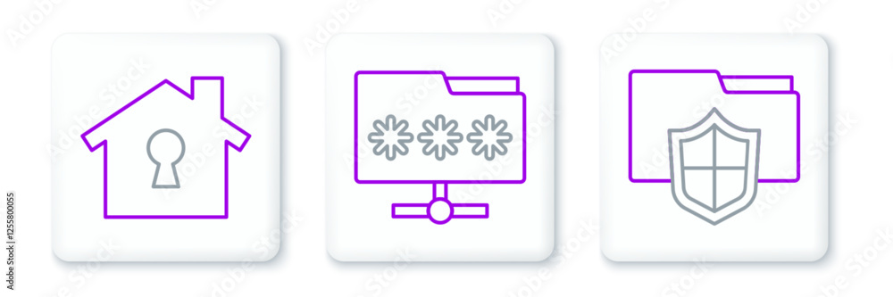 Poster set line document folder protection, house under and folder with password icon. vector