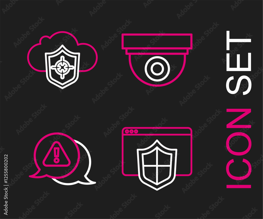 Poster set line browser with shield, exclamation mark in triangle, security camera and cloud and icon. vect