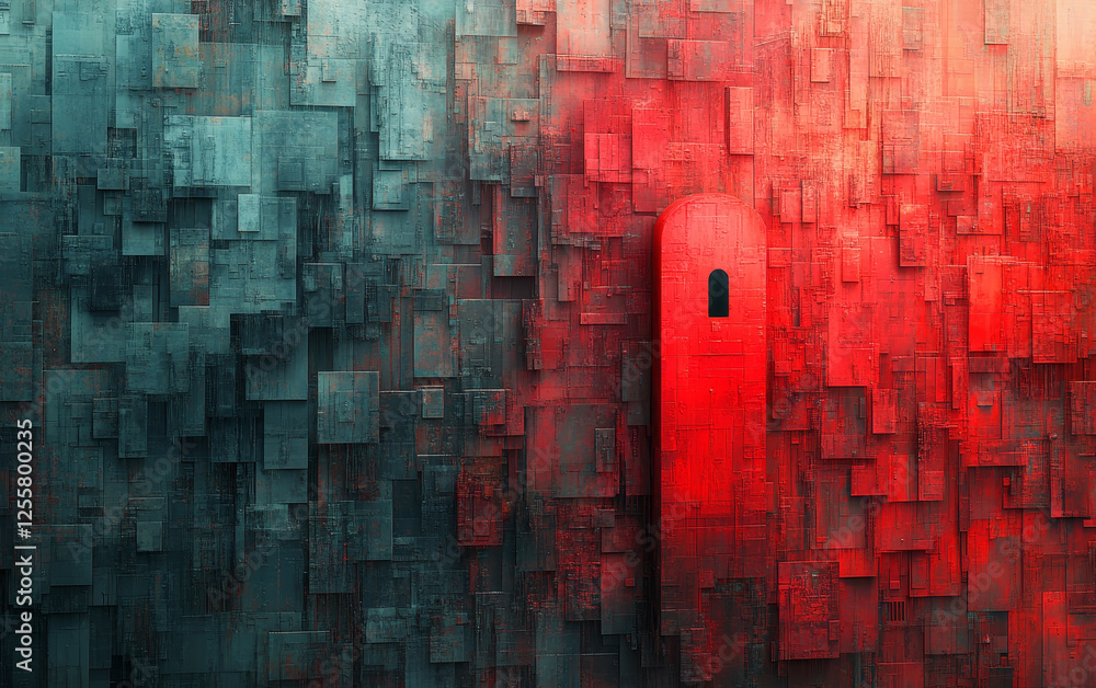 Poster abstract digital art with red and teal color scheme