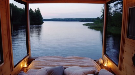 Fototapeta premium Lakeside cabin sunset view, bed, calm water