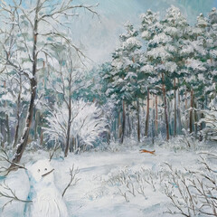 Winter landscape with a snowman, oil painting