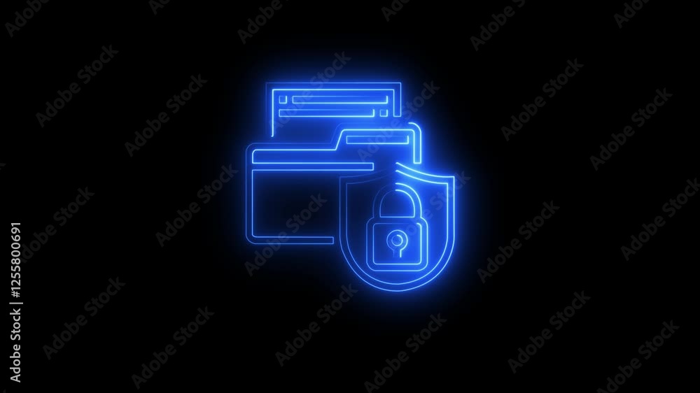 Poster glowing neon data privacy icon animation.secure confidential agreement document with locked access a