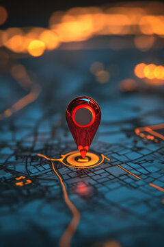 &Eacute;pingle rouge sur une carte urbaine, &eacute;clairage nocturne et flou artistique en arri&egrave;re-plan.
