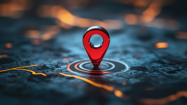 &Eacute;pingle rouge sur une carte urbaine, &eacute;clairage nocturne et flou artistique en arri&egrave;re-plan.

