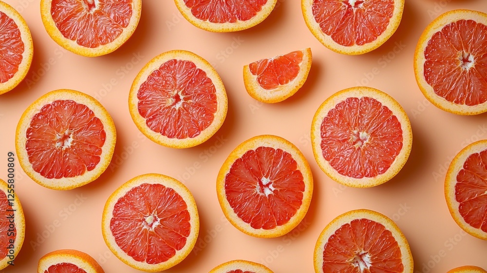 Poster a visually stunning arrangement of fresh red oranges and grapefruits displayed against a gentle peac