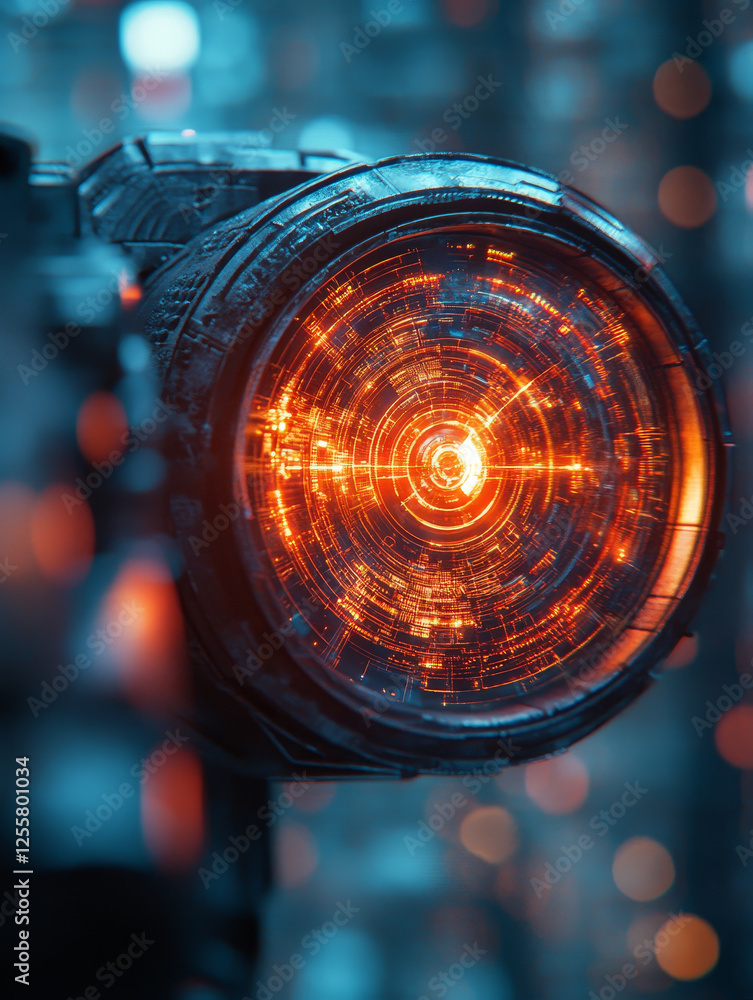 Poster futuristic camera lens with glowing digital patterns and lights