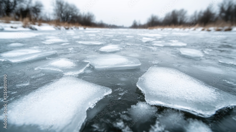 Poster an atmospheric view of a chilly river with ice chunks floating in foggy conditions, creating an eeri