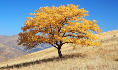 Golden autumn tree on hillside with dry grass under blue sky